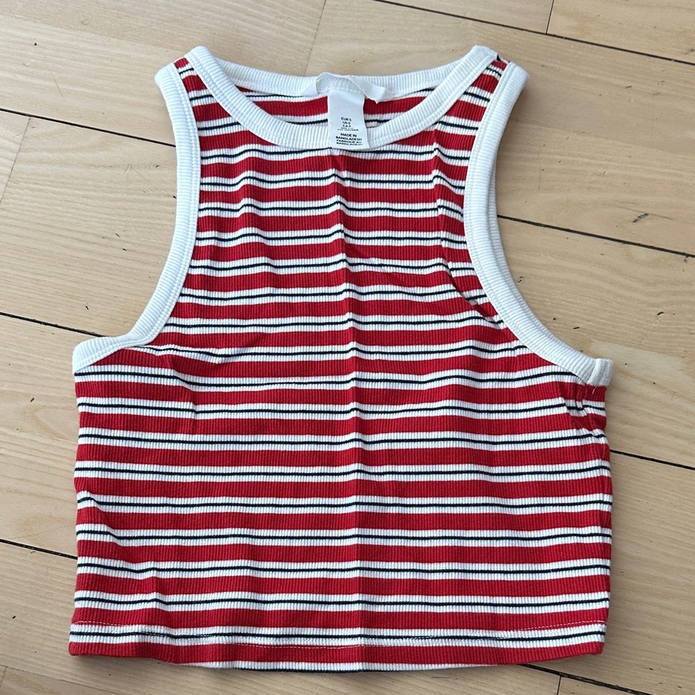 H&M Red White Striped Ribbed Crop Tank